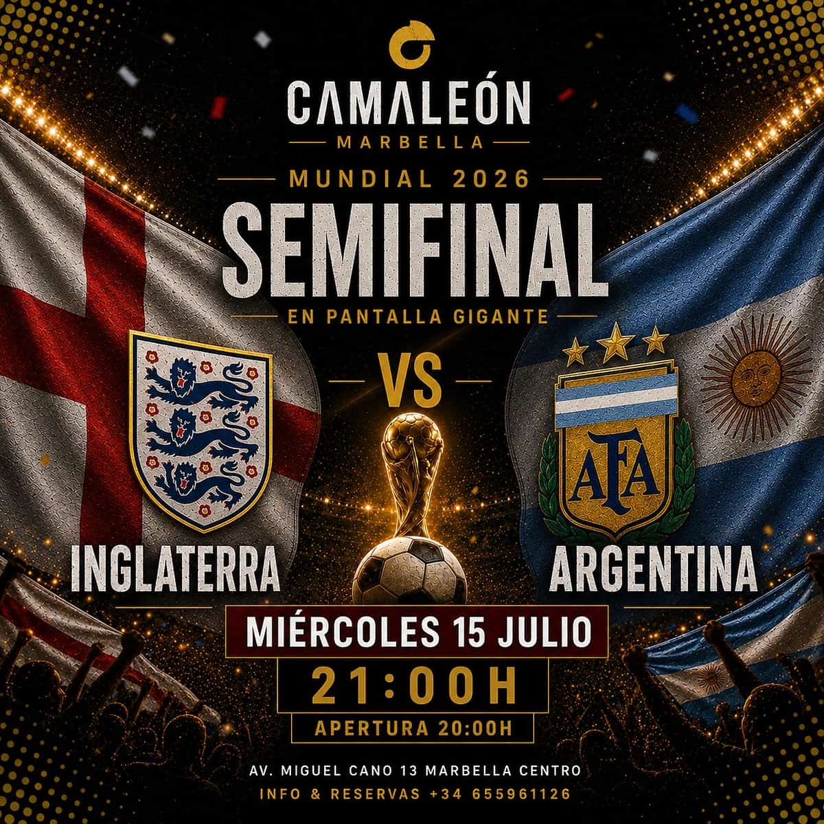Poster for England vs Argentina in the 2026 World Cup semi-finals, with live screening and international football atmosphere at Camaleón Marbella.
