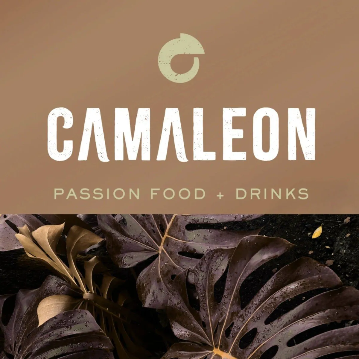 Logo de Restaurante Camaleón Marbella con el lema Passion Food + Drinks sobre fondo cálido y hojas tropicales.